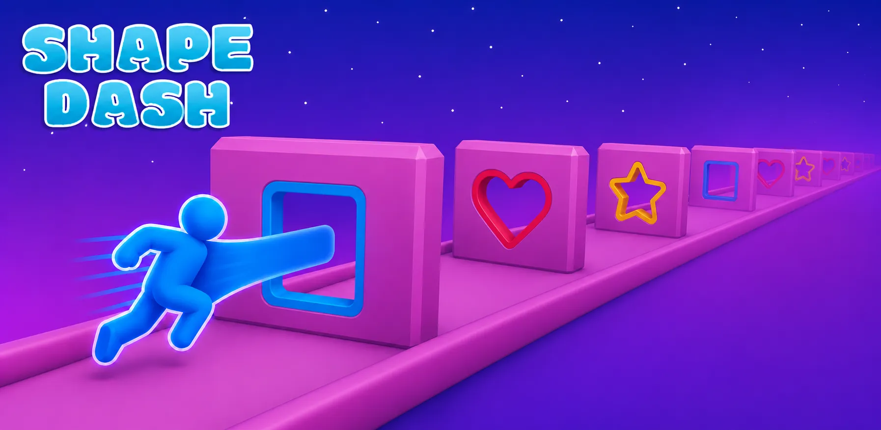 ShapeDash: a blue runner stretching through colourful shaped obstacles